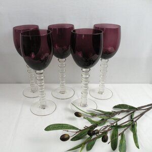Hand Blown Tall Wine Glasses Purple Amethyst set 5 Bubble Stems